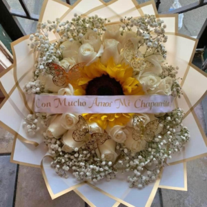 2 Dozen Roses & a Sunflower With Personalized Ribbon ( 009 )